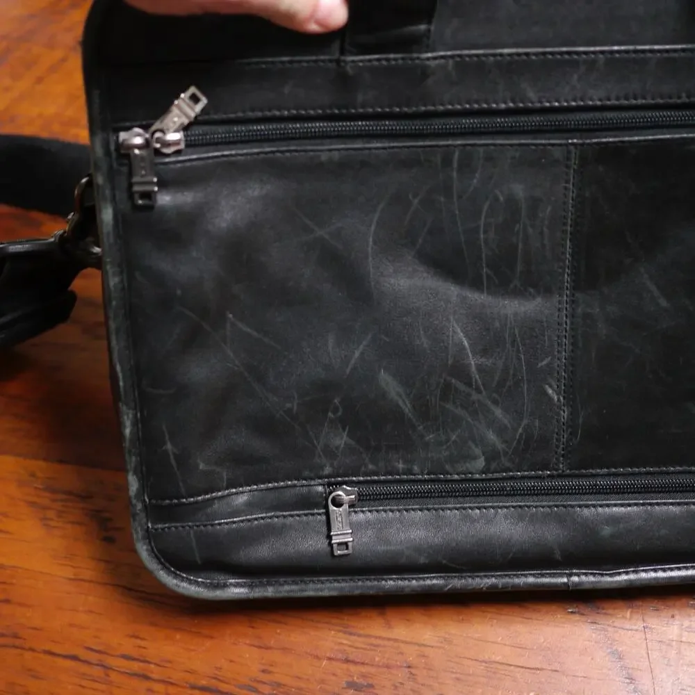 TUMI Black Leather Soft Padded Laptop Bag Travel Briefcase + Shoulder Strap